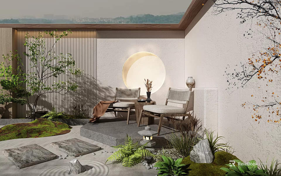 Japanese Style Courtyard Garden With Circular Moon Window Stone Lantern And Wooden Seats 3d model 