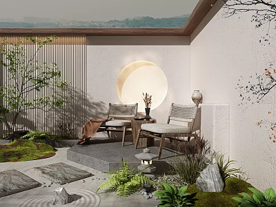 Japanese Style Courtyard Garden With Circular Moon Window Stone Lantern And Wooden Seats 3d model
