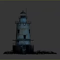 Vintage Blue Lighthouse Tower With Rusted Base And Blue Metal Ladder Surrounded By Rocks