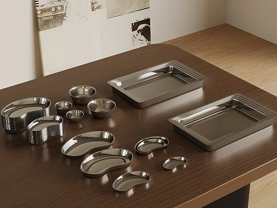 Stainless Steel Tableware Set With Various Plates Bowls And Trays On Wooden Table 3d model