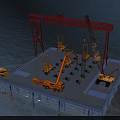 Industrial Plant Facility On Offshore Platform With Gantry Crane And Construction Trucks