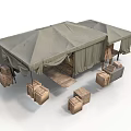 Military Field Tent Setup With Wooden Crates And Supplies Under Shelter