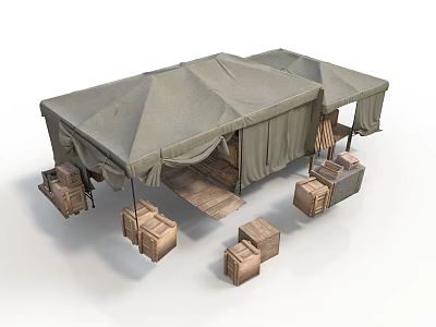 Military Field Tent Setup With Wooden Crates And Supplies Under Shelter 3d model