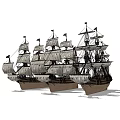 Three Sailing Ships With Classic Masts And Various Sail Designs On White Background