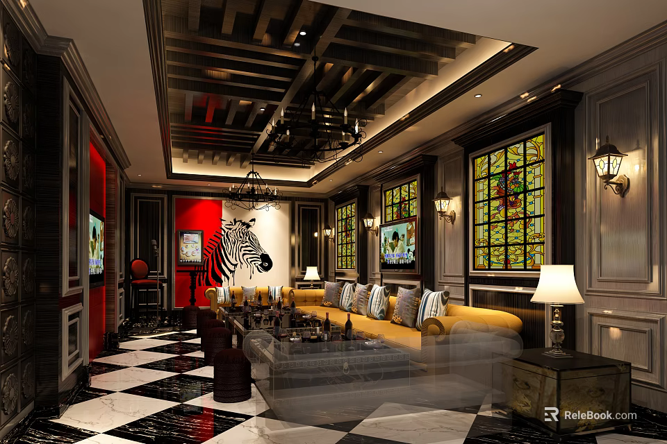 KTV Lounge Elegant Interior With Yellow Sofa Stained Glass Windows And Chandelier 3d model 