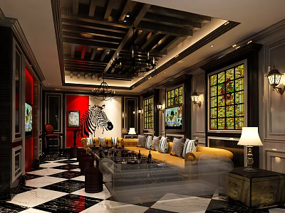 KTV Lounge Elegant Interior With Yellow Sofa Stained Glass Windows And Chandelier 3d model