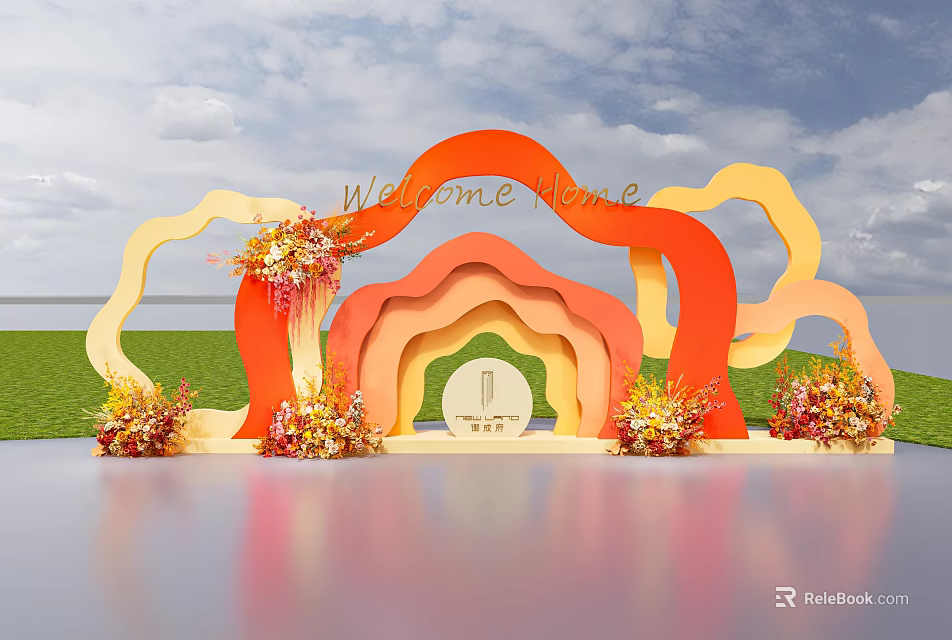 Colorful Arch Photo Check In Spot With Welcome Home Sign And Flower Decorations 3d model 