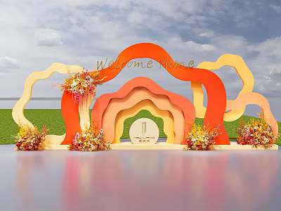 Colorful Arch Photo Check In Spot With Welcome Home Sign And Flower Decorations 3d model