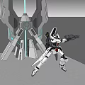 Futuristic Sci Fi Robot With Dual Guns Standing By Tall Mechanical Structure 3d model