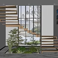 Modern Hallway Interior Design With Wooden Spiral Staircase Large Glass Window Green Plants Decorative Paintings