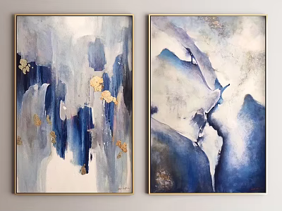 Abstract Paintings Featuring Blue White Tones And Gold Accents As Wall Decor 3d model