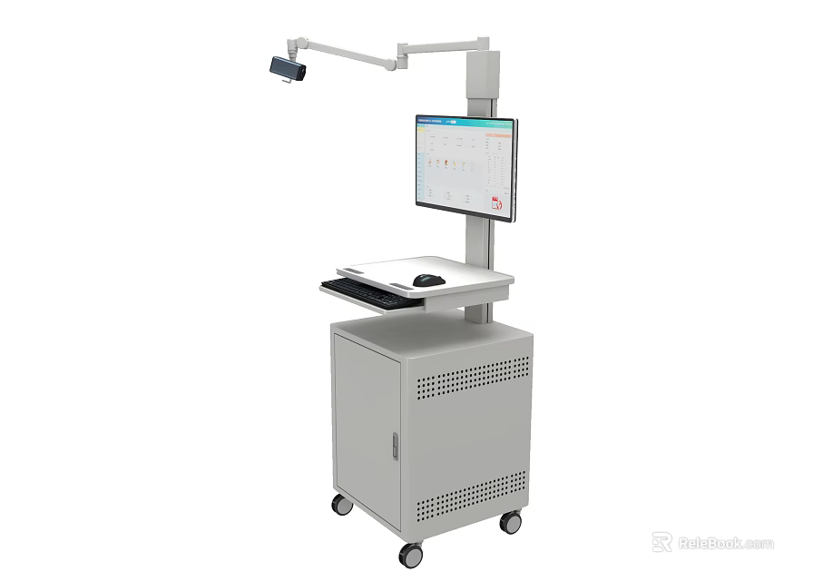 Mobile Computer Workstation With Monitor Keyboard Mouse And Adjustable Arm On Wheels 3d model 
