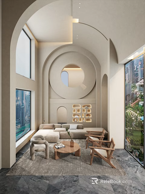 Modern Duplex Living Room Interior Design With Large Windows Sofa And Coffee Table 3d model 