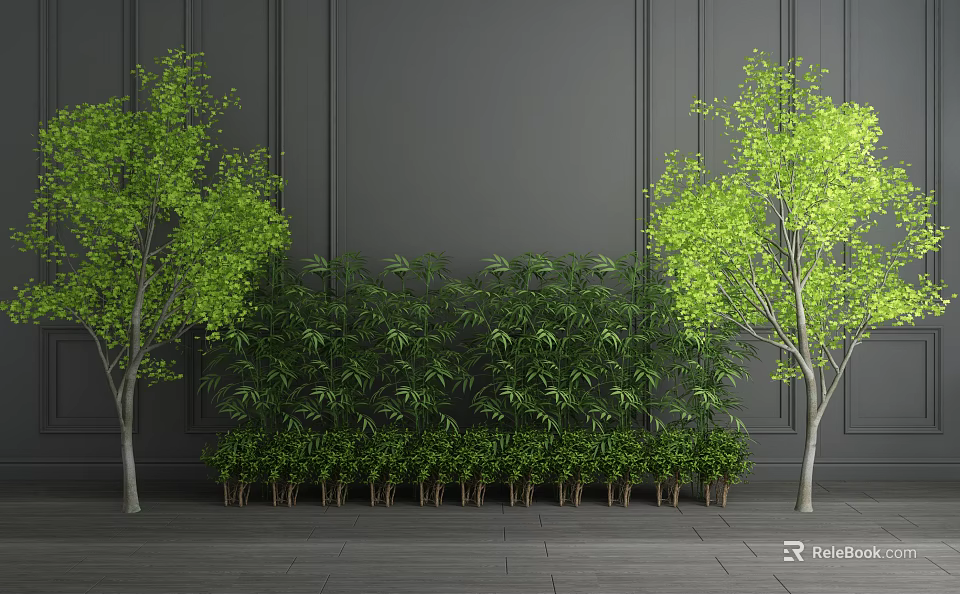 Lush Green Arbor Trees With Bamboo Plants Against Gray Wall And Floor 3d model 