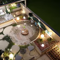 Cozy Roof Garden Outdoor Lounge Area With Lush Plants And String Lights