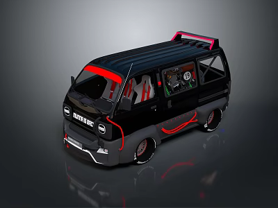 Black Van With Red Accents Roof Rack And Visible Interior Seats 3d model