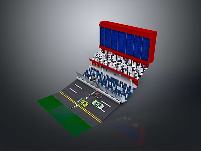 Racing Cars on Stadium Track with Red Grandstand and Spectators 3d model