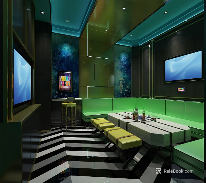 Modern KTV Room Interior With Green Sofas Striped Flooring And Wall Mounted TVs 3d model 