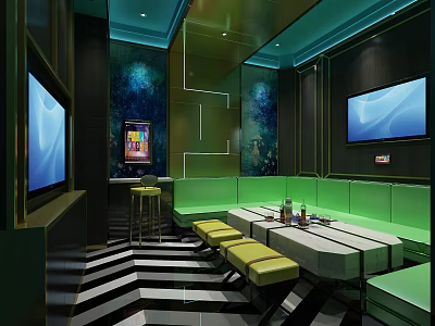 Modern KTV Room Interior With Green Sofas Striped Flooring And Wall Mounted TVs 3d model