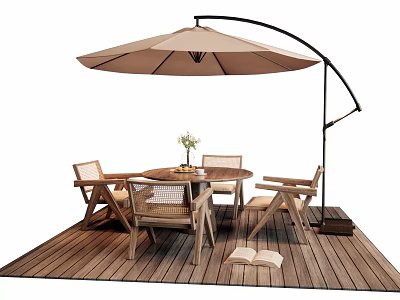 Outdoor Wooden Table With Chairs And Umbrella On Stylish Wooden Deck 3d model