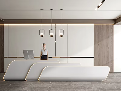 Modern White Curved Reception Desk In Office Lobby With Receptionist Computer And Pendant Lights 3d model