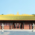 Traditional Chinese Ancient Architecture With Golden Roof Red Columns And Courtyard View