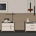 Sleek Modern White Nightstands With Table Lamp Decorative Figurine Wall Art And Pendant Lights