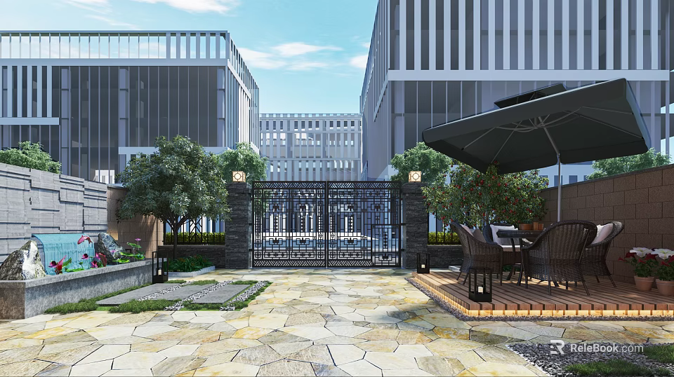 Modern Garden Landscape with Iron Gate Green Trees Outdoor Seating and Stone Pavement 3d model 