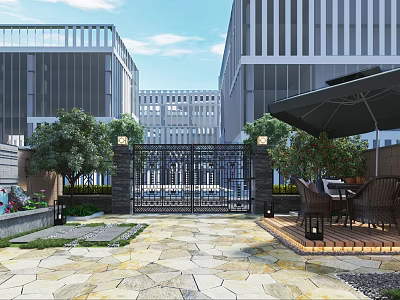 Modern Garden Landscape with Iron Gate Green Trees Outdoor Seating and Stone Pavement 3d model
