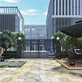 Modern Garden Landscape with Iron Gate Green Trees Outdoor Seating and Stone Pavement