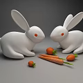 Two White Rabbit Dolls With Red Eyes And Fresh Carrots Around Them