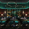Luxury KTV Room With Modern Interior Green Sofas Large Screen TV And Round Chandeliers