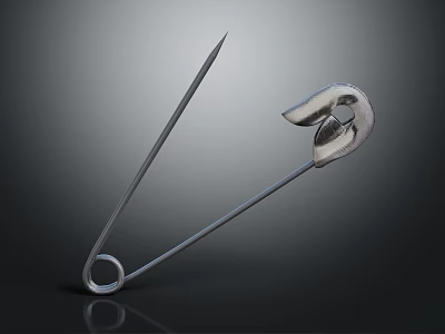 Silver Safety Pin with Sharp Pointed Body Curved Metallic Head on Dark Reflective Background 3d model