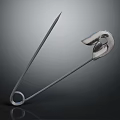 Silver Safety Pin with Sharp Pointed Body Curved Metallic Head on Dark Reflective Background