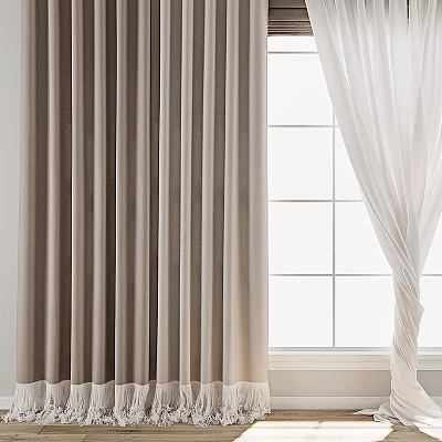Brown Draped Curtains With White Sheer Panels Hanging By Window With Panes 3d model