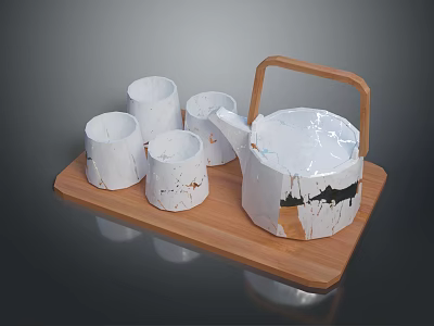 White Textured Teapot And Four Cups On Wooden Tray For Daily Use 3d model