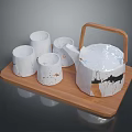 White Textured Teapot And Four Cups On Wooden Tray For Daily Use 3d model