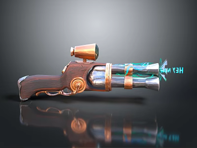 Unique Steampunk Gun Design With Wooden Grip Metal Parts Scope And Blue Glowing Effect 3d model
