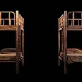 Old Rusted Bunk Beds With Mattresses And Blankets In Dim Room