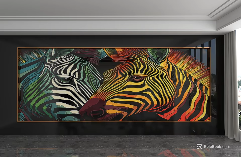 Colorful Zebra Wall Art Background Wall Featuring Vibrant Stripes And Framed Design 3d model 