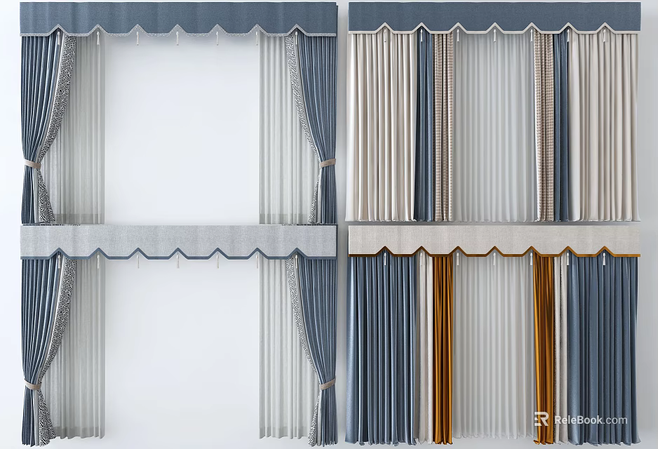 Various Colored Curtains With Layered Sheer Panels And Decorative Valance Design 3d model 