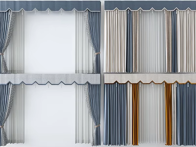 Various Colored Curtains With Layered Sheer Panels And Decorative Valance Design 3d model