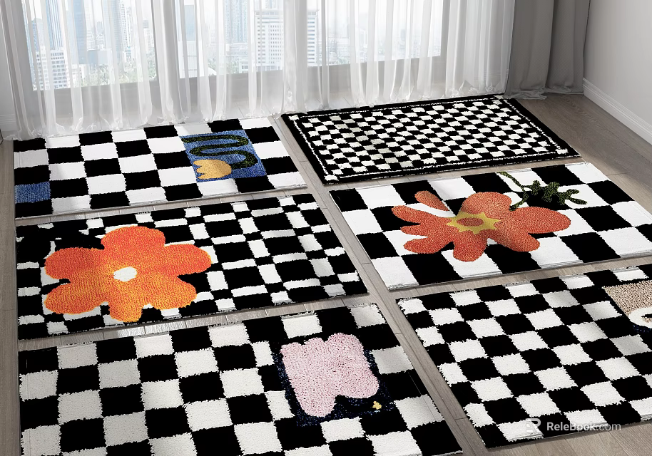 Square Rugs With Black And White Checkered Patterns And Colorful Floral Designs 3d model 