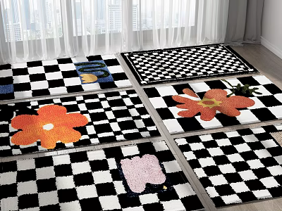 Square Rugs With Black And White Checkered Patterns And Colorful Floral Designs 3d model