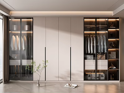 Modern Wardrobe Interior Storage Design With Glass Doors Open Shelves And Hanging Rods 3d model