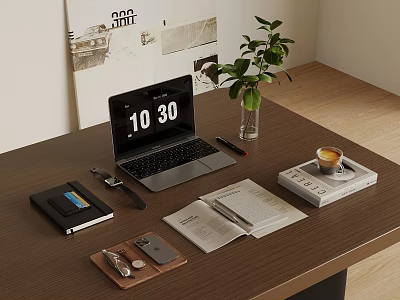 Laptop And Smartphone On Modern Workspace Desk With Digital Accessories Watch Notebook Coffee Green Plant 3d model