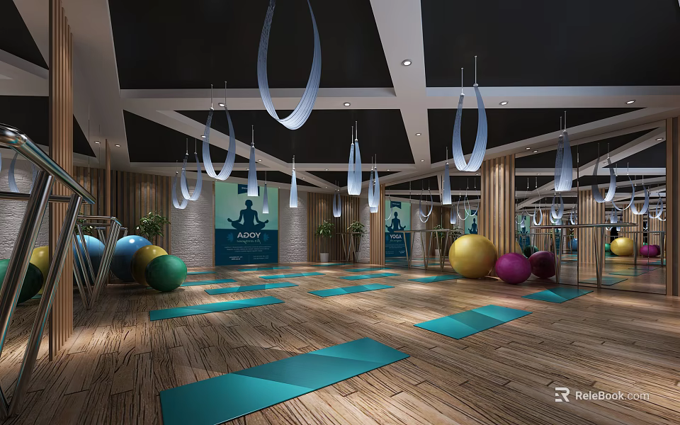 Fitness Studio Interior With Yoga Mats Fitness Balls Suspension Rings And Wooden Flooring 3d model 