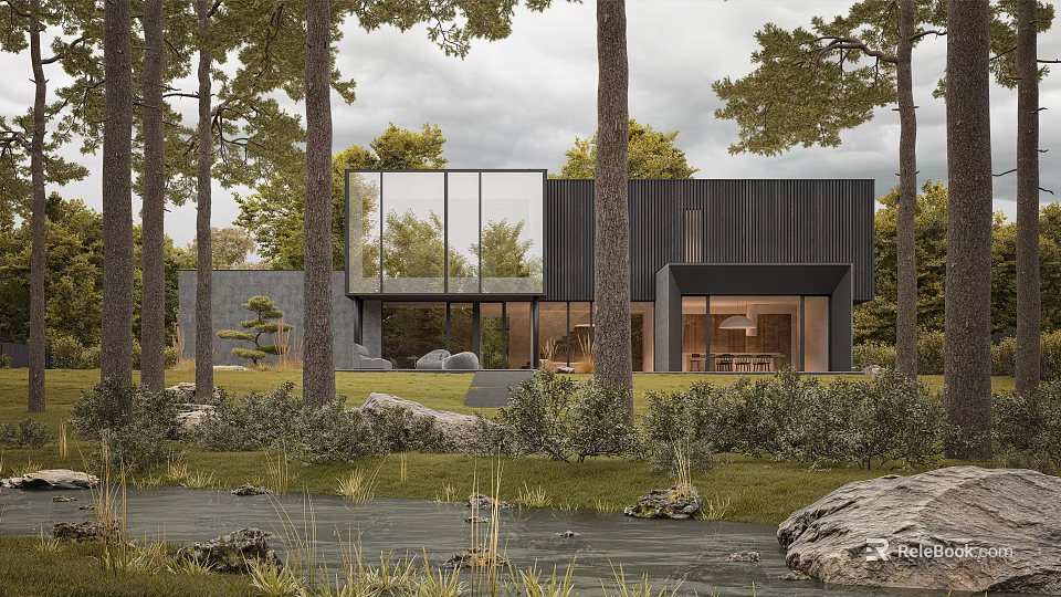Modern Forest House With Large Glass Windows Black Exterior And Natural Surroundings 3d model 