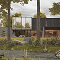 Modern Forest House With Large Glass Windows Black Exterior And Natural Surroundings