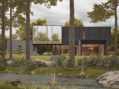 Modern Forest House With Large Glass Windows Black Exterior And Natural Surroundings 3d model
